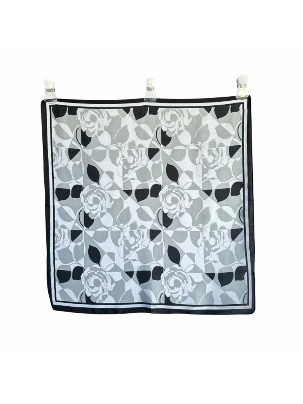Luxury Silk Feel Scarf Gray White Black Abstract Geometric Floral Square Bandana